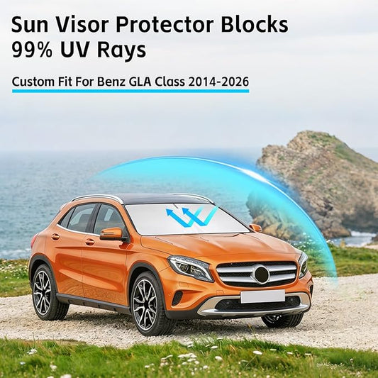 Windshield Sunshade for Mercedes Benz GLA GLA180 GLA200 GLA220 GLA250 2014-2026 Sun Shade 300T Front Window Shade Sun Shield Blocks UV Rays Custom Fit GLA Windshield Cover Foldable Keep Cool