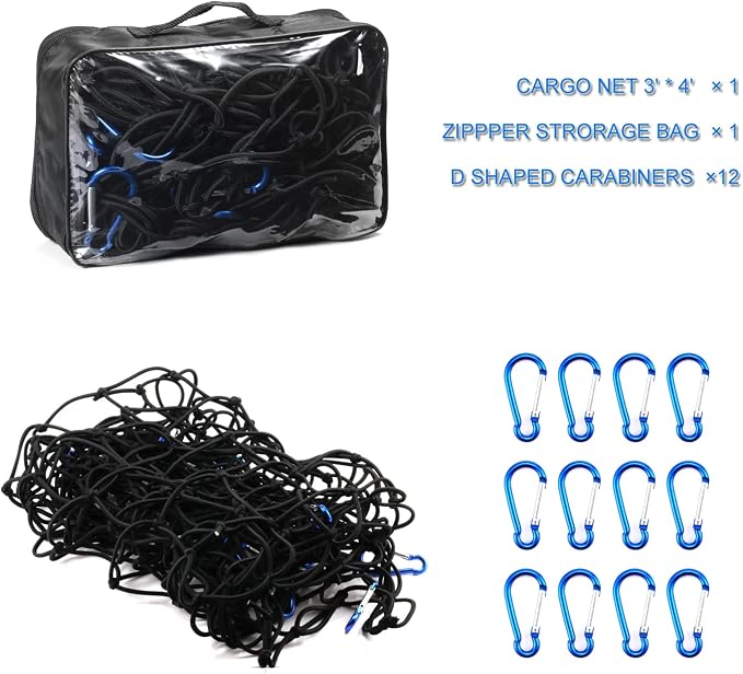 Amiss 3' x4' Stretches to 6' x 8' Truck Cargo Net, Roof Rack Cargo Net for Pickup Trucks SUV, Heavy Duty Truck Bed Cargo Bungee Net with 12 Blue Clips and Storage Bag, Car Exterior Accessories