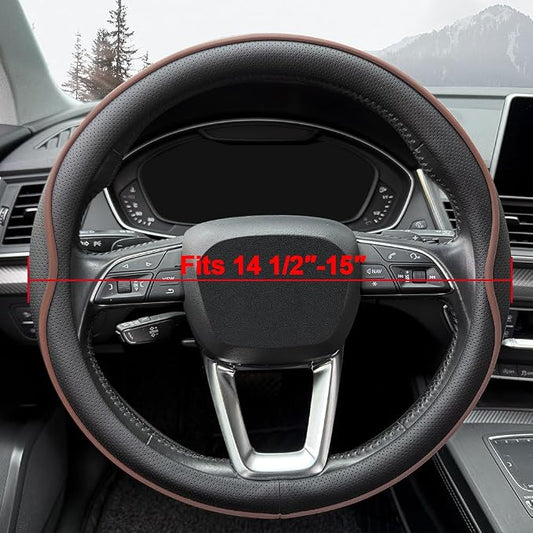 HAOTULE Leather Steering Wheel Cover, with Anti-Slip Stripe Design - Enhanced Grip, Fashion Style, Safe, Non-Slip, Breathable. Upgrade car Interior,Black Brown
