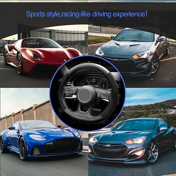 Carodi Suede Carbon Fiber Steering Wheel Cover Car Non-Slip Leather Car Interior Fitting 15-inch Universal(D-Shape,Black )