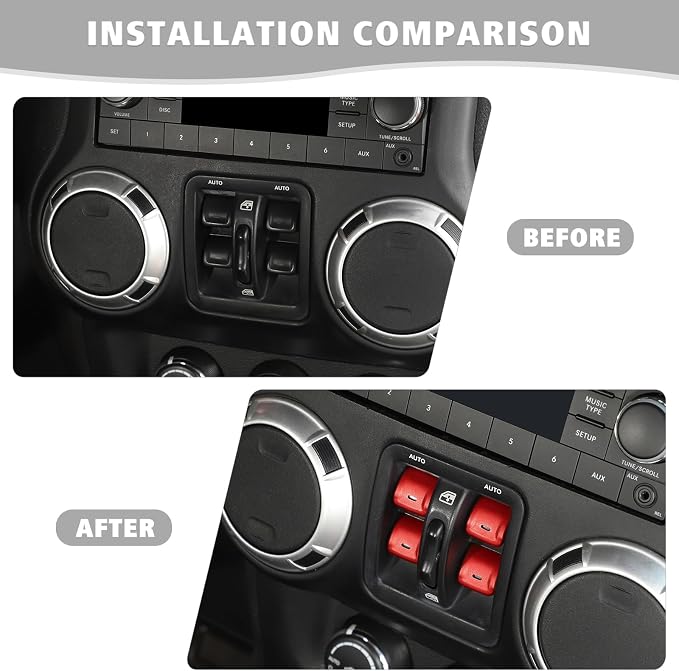 Jimen for JK Window Button Covers, 4PCS Center Console Window Switch Cover Interior Trim Kits Compatible with Jeep Wrangler JK & Unlimited 2012-2018, Aluminum Alloy (Red)