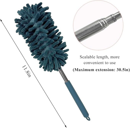 2PCS Car Interior Duster with Extension Pole, 11.8" to 30.5" Retractable Dusters Auto Dash Cleaning Tool, Soft Chenille Hand Washable Dusters for Car Window Furniture Office (Navy Blue)