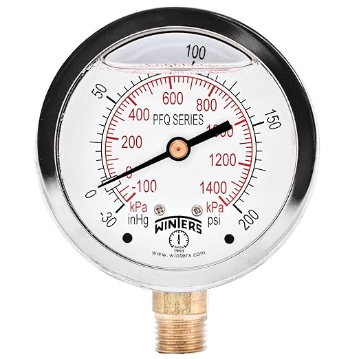 Winters 2-1/2" Dial Size, Liquid Filled Industrial Pressure Gauge, Brass Internals, Stainless Steel Case, Dual Scale 30" Hg-0-200 psi/kPa, 1.5% Acc, 1/4" NPT Bottom Mount, Pressure and Vacuum Gauge