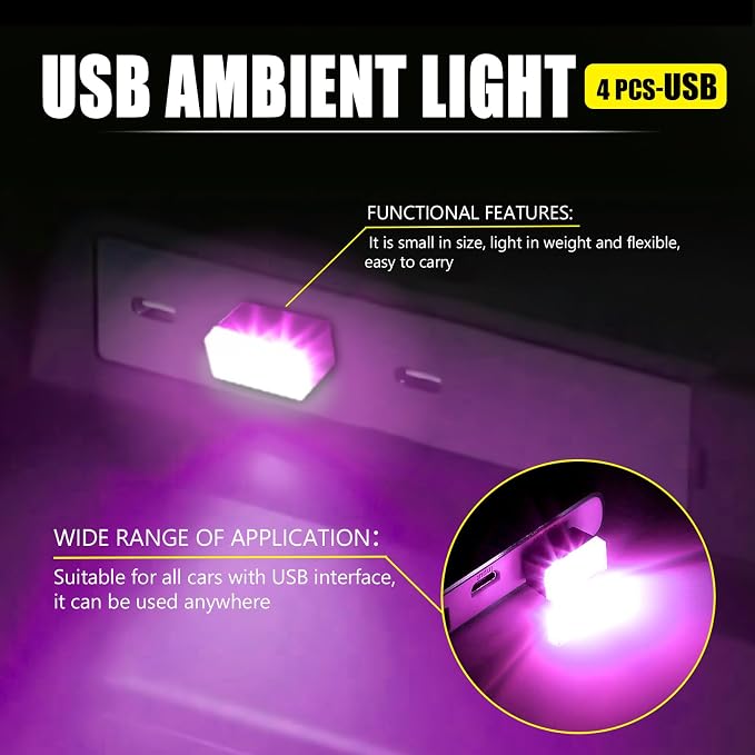 4 PCS USB LED Car Interior Atmosphere Lamp, Portable Mini Auto LED Decor Night Light, Plug-in USB Interface Ambient Lighting Kit, Universal Car Interior Accessories(Purple)