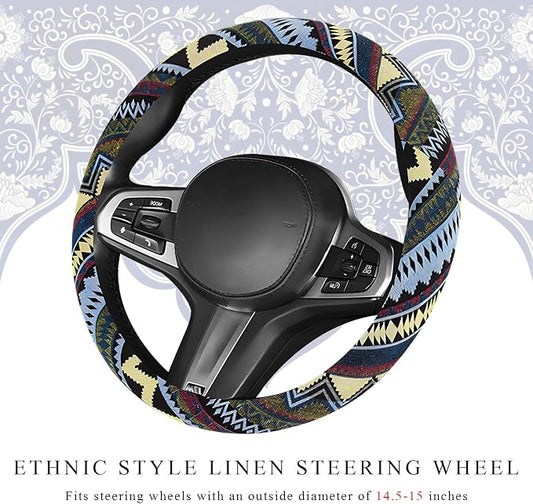 Boho Car Steering Wheel Cover, Ethnic Style Anti-Slip Coarse Flax Cloth Auto Wheel Cover, Bohemian Steering Wheel Protector for Most SUVs Vans Trucks, Car Accessories (Style H)