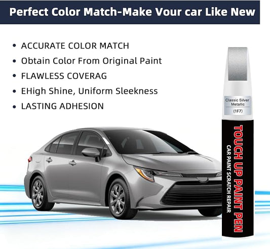 Classic Silver Metallic(1F7) Car Touch Up Paint for Toyota 2-in-1 Car Scratch Repair Pen with Fine Tip&Brush, DIY Color-Code Matched Auto Paint for Rock Chips Door Scratches Paint Nicks Bumper Marks