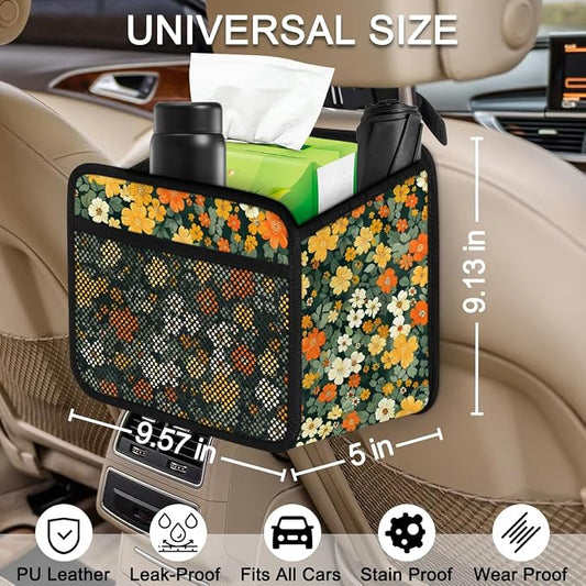 Car Backseat Organizer, PU Leather Back of Seat Cars Hanging Organizer with Pockets Leakproof Car Garbage Bag Hanging Cars Seat Storage Box Travel Accessories Foldable (Flowers Green)