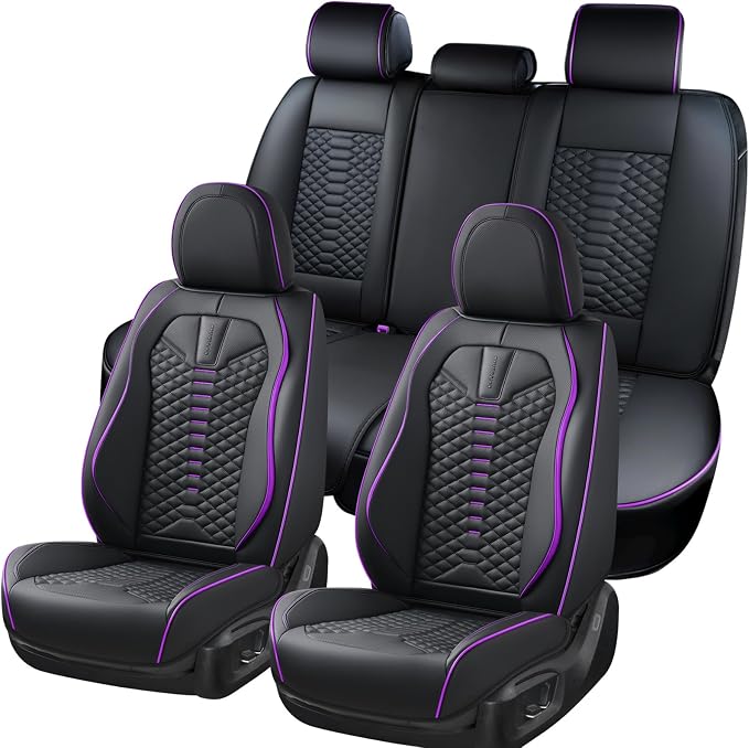 Coverado Car Seat Covers Front Seats, Nappa Leather Black&Purple Car Seat Cover, Automotive Seat Covers, Waterproof Driver Seat Protector, 2 Pack Front Seat Cover Car Seat Cushion Fit for Most Cars