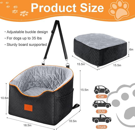 XIEEAOZEE Dog Car Seat for Small Dogs, Memory Foam Booster Dog Seat for Dogs up to 35 lbs, Elevated Pet Car Seat with Washable Removable Cover, Storage Pockets(Black/Gray)