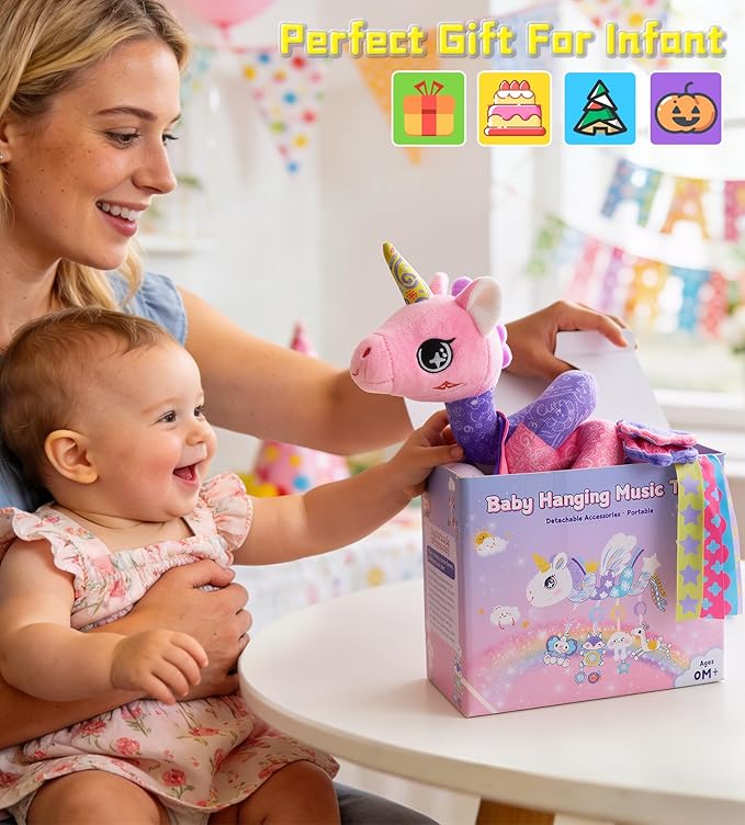 Musical Car Seat Toy for Babies 0-12 Months Girl, 5-in-1 Sensory Activity Hanging Toy Stroller Toy with Soothing Music, Rattle, Mirror for Newborn Infants Essential Gifts, Unicorn