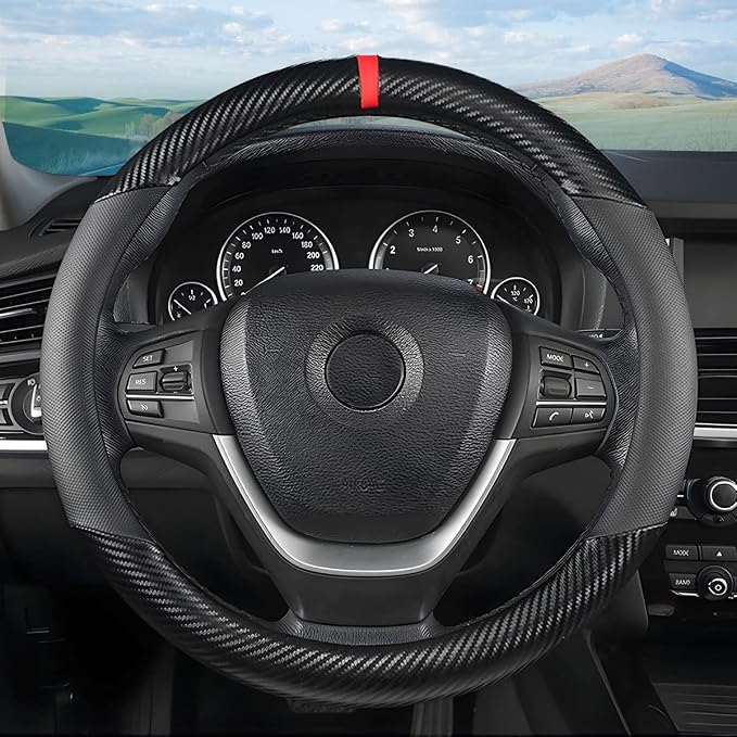 Moly Magnolia Carbon Fiber Steering Wheel Cover, Universal 15 inch Breathable Anti Slip, Black, Leather & Carbon Fiber, Truck & SUV, Automotive Steering Wheel Covers
