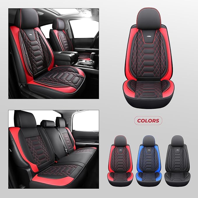 FREESOO Tundra Seat Covers 2007-2013, Fit for Toyota Tundra Crewmax Cab 5 Seats, Custom Truck Seat Covers with Waterproof Faux Leather BlackRed