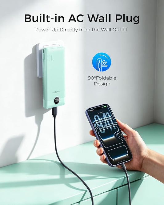 VEGER Portable Charger with Built-in AC Plug and Cables, All in One 10000mAh Ultra Slim Power Bank Emergency Fast Charging for Travel Battery Pack Compatible with iPhone, Samsung, Android, Green
