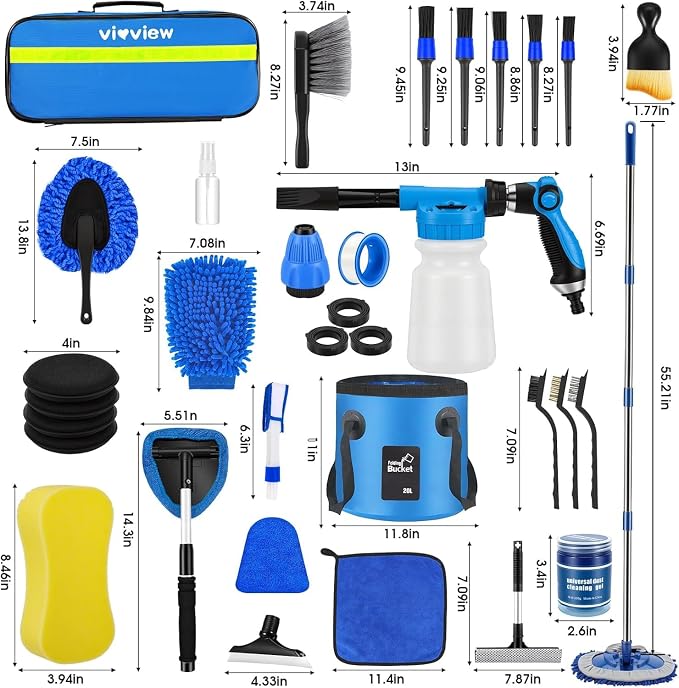 36Pcs Blue Car Wash Detailing Kit,Car Cleaning Set with Foam Gun Sprayer,Long-Handle Brush Mop,Large Collapsible Bucket,Complete Car Wash Supply Gift for Men and Women