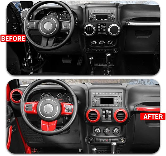 18PCS Full Set Interior Trim Kit for Jeep Wrangler JK JKU 2011-2018 4 Door,Center Console Door Handle Side Outlet Cup Holder Gear Cover Trim (Red)