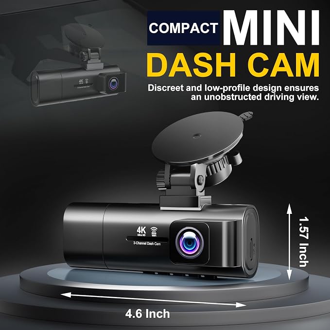 4K Dash Cam Front and Rear Inside,3.16" IPS,3 Channel Dash Cam for Car with 5G WiFi,Free 64GB Card,170° Wide Angle,Loop Recording,G-Sensor,WDR,Night Vision,Time-Lapse,24H Parking Monitor