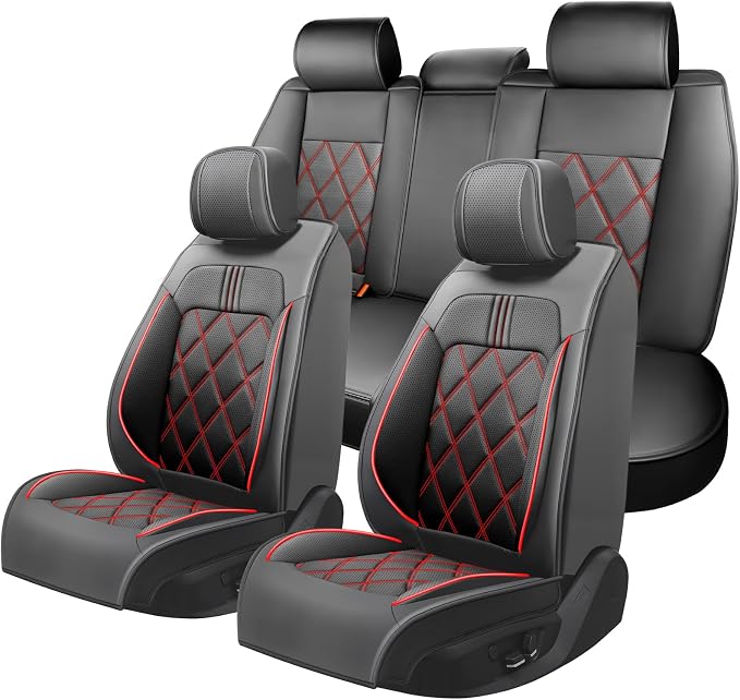 Ranger Car Seat Covers Custom Fit for Ford Ranger 2019-2026 Full Coverage Leather Waterproof Breathable Seat Covers Full Set, Automotive Seat Protectors, Airbag Compatible(5 Seats, Black & Red)