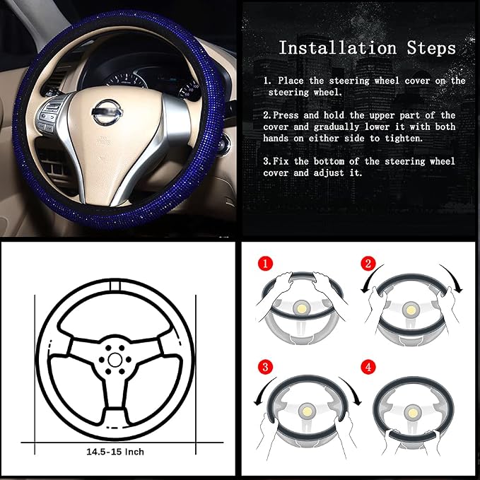 Bling Steering Wheel Cover Blue for Men Car, 15 Inch Universal with Blue Crystal Rhinestone Diamond Cool Bling Accessories Anti-Slip Wheel Protector Black