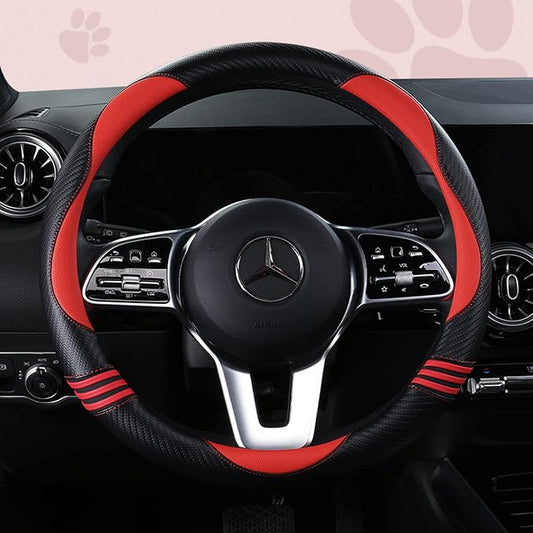 HighnessHwoo Car Steering Wheel Covers for Women Girl Padded Carbon Fiber PU Leather Cute Cartoon Auto Interior Accessories for Jeep, Truck, Universal, Anti Slip, Red, Large Size, 15.2-16in