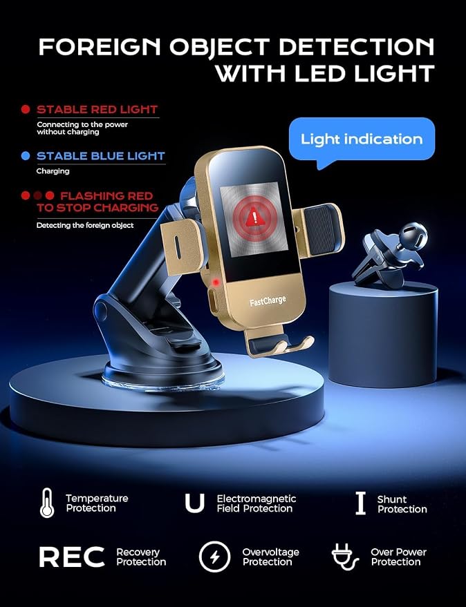 Wireless Car Charger, 15W Fast Charging Auto Clamping Car Charger Phone Mount Phone Holder fit for iPhone 15 14 13 12 11 Pro Max Xs, Samsung Galaxy S24 Ultra S23 S22 S21, S20, S10+, Golden