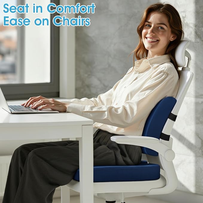 CushZone Seat Cushion, Lumbar Support Pillow with Adjustable Strap-Chair Cushions for Sciatica Pain Relief-with Washable Cover Memory Foam for Car, Travel and Wheelchair-Blue X-Large