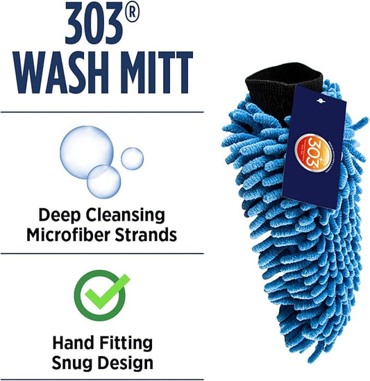 303 Products Car Wash Mitt - Ultra Absorbent Microfiber - Lint and Scratch Free Design - Hand Fitting, Snug Design with Elastic Cuff - Washable to Reuse, 1 Pack (39011)