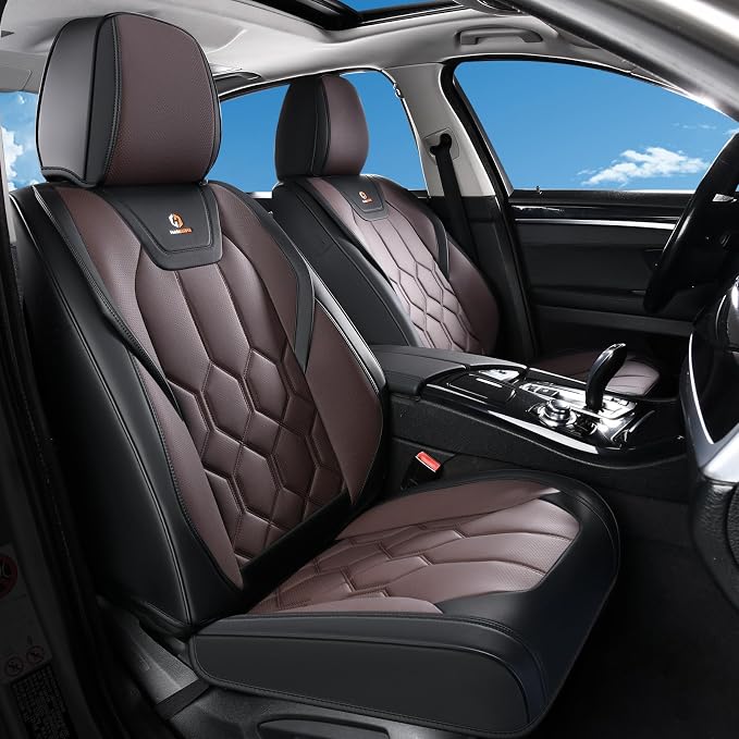 Huidasource Seat Covers Full Set, Universal Fit for Most Cars SUVs Trucks, Full Coverage Leather Seat Cover, Airbag, Cupholder Compatible, Seat Function Retain, Easy Install with Velcro, Black&Coffee