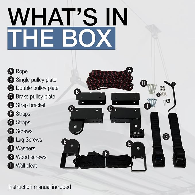 StoreYourBoard Cargo Box Pulley System – Heavy-Duty Garage Hoist Lift for Rooftop Carriers – Garage Storage & Garage Organization Ceiling Hoist with Pulley – Holds 150 lbs - Fits 8–10 ft Ceilings