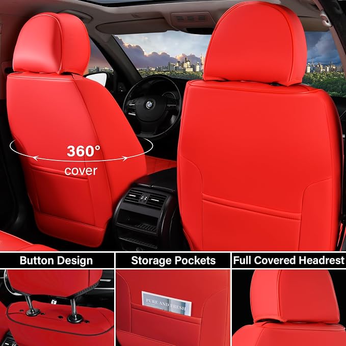 Coverado Car Seat Covers Full Set, 5 Seats Leather Seat Covers for Cars, Waterproof Front and Rear Car Seat Cushions Protectors Universal Fit Most Vehicles (Black&Red)