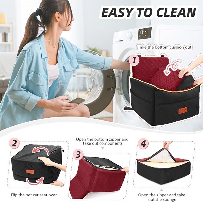 HEGGCOOE Dog Car Seat for Small Medium Dogs, Memory Foam Puppy Dog Booster Seat with Thick Cushion for Dogs Under 35lbs, Detachable Washable Pet Car Seat Travel Bed with Storage Pockets,2 Safety Belts