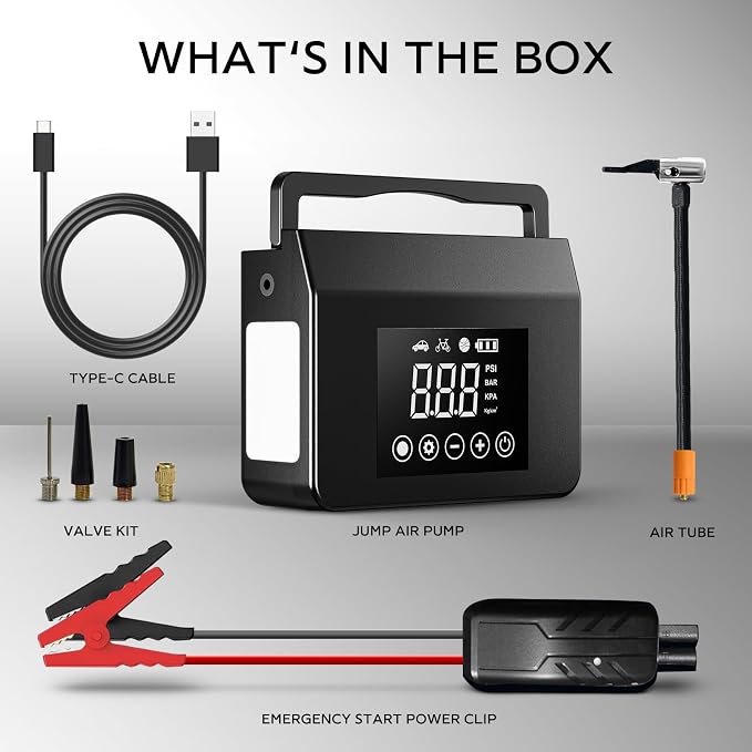 Hieha Car Emergency Jump Starter with Air Compressor, 4000A Portable Battery Booster for Dead Batteries, 150PSI Tire Inflator for Cars, Trucks & SUVs, USB-C Fast Charging Power Bank