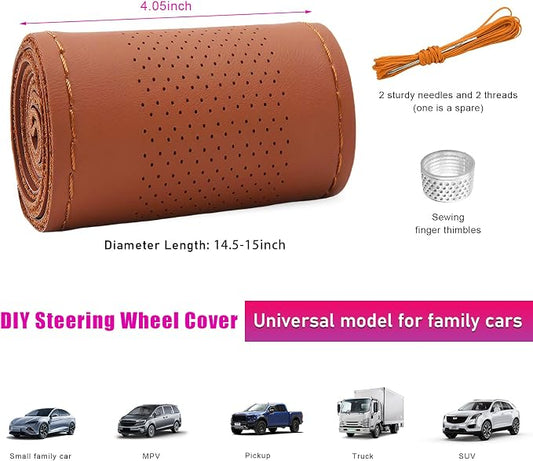 Ziciner Genuine Leather Steering Wheel Cover, Stitch on Wrap, Breathable Anti-Slip Car Steering Wheel Protector for Max Diameter 15 Inch, DIY Sewing with Needles Thread (Brown, Middle Hole)