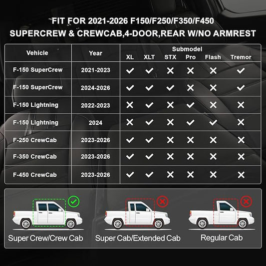 coverdream F150 Rear Seat Covers for 2021-2026 Ford F150 SuperCrew XL,XLT,STX/F150 Lightning(2022-24)/Super Duty(2023-26) XL,XLT,w/No Rear Armrest,Waterproof Leather Seat Protector(Rear Set,Black)