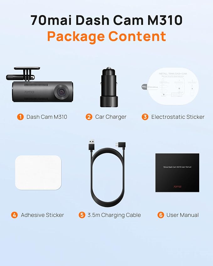 70mai Dash Cam M310, Dash Camera for Cars 1296P QHD, Smart Dash Cam Front Built in WiFi, 130° Wide-Angle FOV, WDR, Night Vision, iOS/Android Mobile App, Loop Recording, Parking Monitor, Time-Lapse