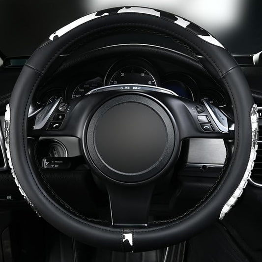 Flying Banner car Steering Wheel Cover Gel Massage Velvet Cool Warm Universal Size 15 inches SUV Truck Anti Slip Odorless Summer Winter (Black Cow Print, Gel Massage)