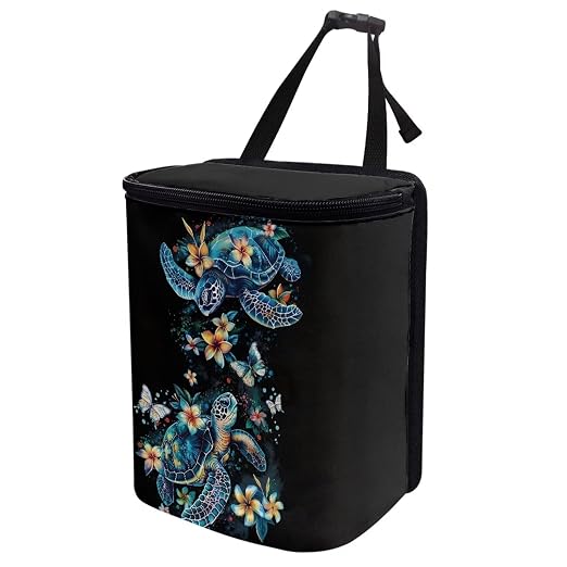 Talayituse Turtle Plumeria Print Car Trash Bin, Large Size Auto Trash Can Adjustable Portable Garbage Can with Lid, Vehicle Hanging Bag for Headrest Front Back Seat