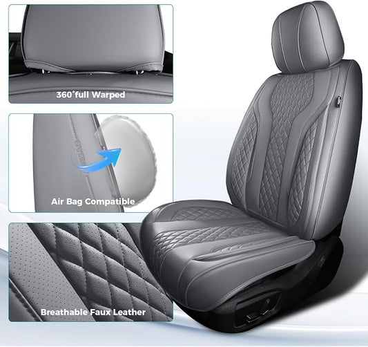 Leather Car Seat Covers Full Set, Breathable Faux Leather Seat Covers for Cars SUV Sedan Waterproof Grey
