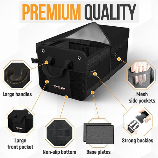 FORTEM Trunk Organizer For SUV Car Organizer and Storage, Collapsible Multi-Compartment Storage Bag Car Accessories for Women Men, 1680D Oxford, Non Slip Bottom, Adjustable Straps, Soft Cover (65L)