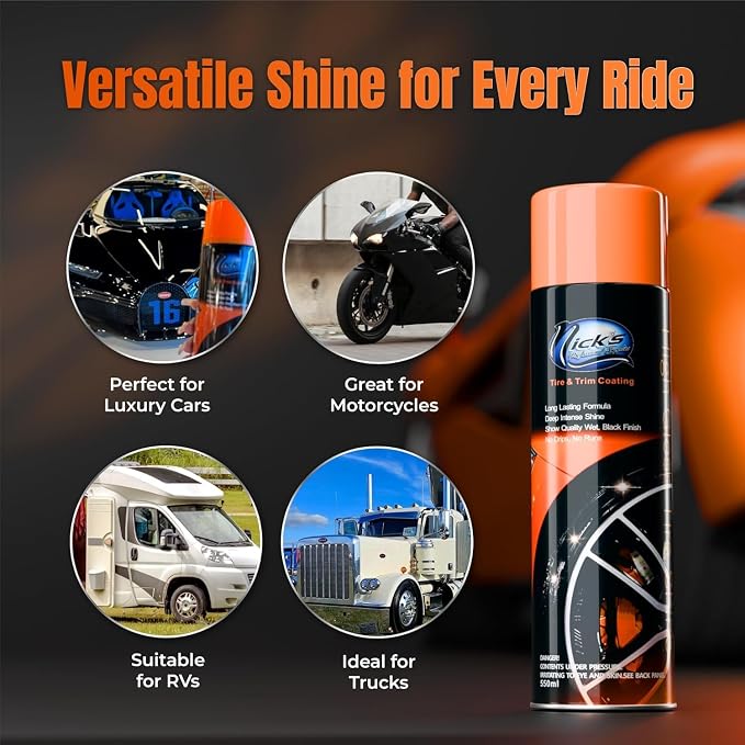 High Gloss Tire Shine Spray (4 Pack) - Long Lasting, UV Protectant, No Sling, Quick Drying, Black Tire & Trim Coating Dressing for Cars, Trucks, Motorcycles - Car Detailing & Cleaning Supplies