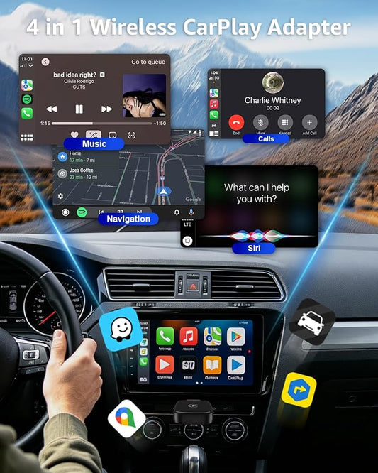 4 in 1 Wireless CarPlay Adapter Car Screen Mirroring Adapter for Apple iPhone& Android, Convert Wired CarPlay to Wireless, Stable Control & No Delay Latency, Plug and Play