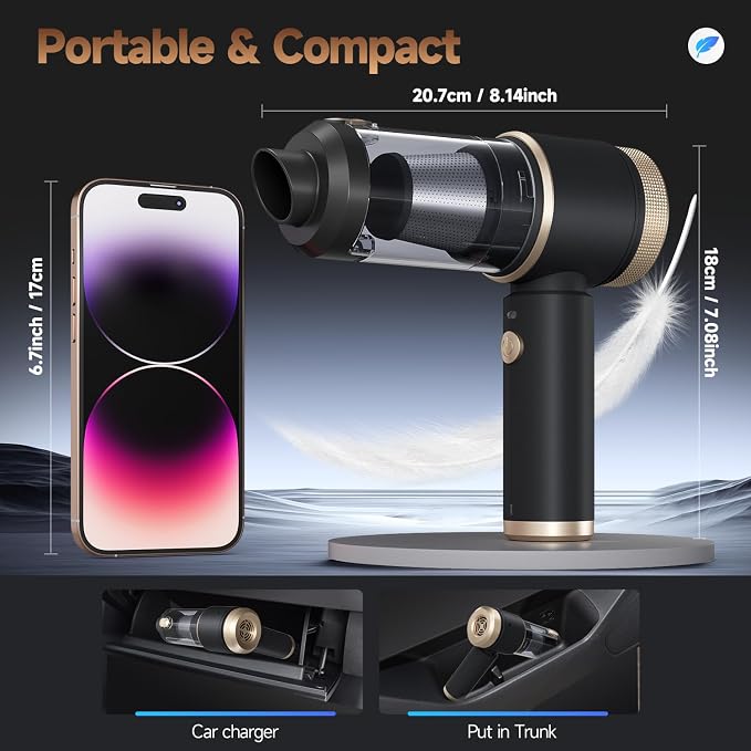 Car Vacuum Portable Cordless,16000PA Strong Suction Handheld Car Cleaner with Dual HEPA Filters,LED Light,Type-C Charging Mini Vacuum, One-Click Empty Compact for Home Cleaning and Office