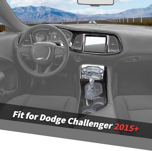 Jimen Fit for Dodge Challenger 2015-2024, 5PCS Center Console Dash Trim Kits Instrument Cluster Panel & Gear Shift Panel Cover (Carbon Fiber)