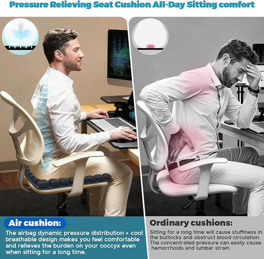 Inflatable Travel Seat Cushion, Airplane Seat Cushion for Long Flights & Car Rides, Portable Air Pad with Built-in Pump, Ergonomic Tailbone Buttocks Pain Relief for Office Chair, Wheelchair, Stadium