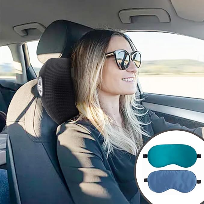 SPRFUFLY 2 Pack Car Headrest Pillow, Cloudlike Car Pillow with Adjustable Strap - 100% Memory Foam & Breathable Removable Cover, Ergonomic Design Car Neck Pillow for Driving(Includes 2 Eye Masks)