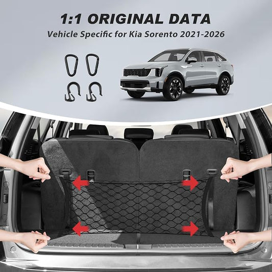 Karltys Envelope Style Cargo Net for 2021-2024 2025 2026 Kia Sorento, Heavy Duty Rear Trunk Mesh Cargo Net for 2025 Sorento Accessories, Elastic Mesh Netting Organizer with Metal Hooks
