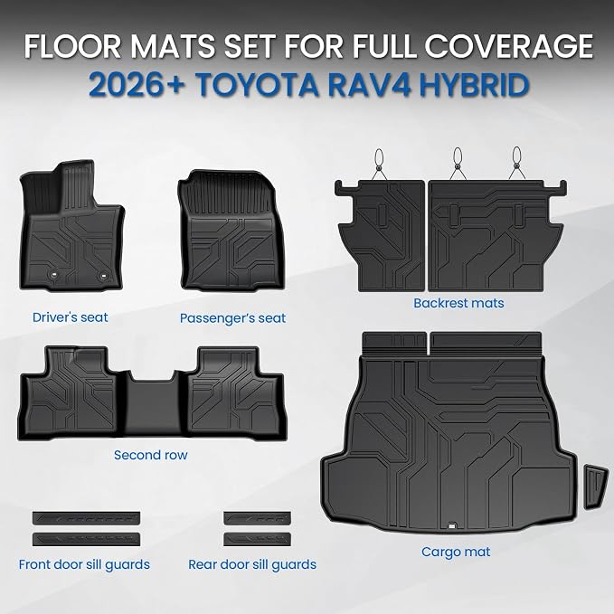 Floor Mats Set for 2026 Toyota RAV4 Hybrid, All Weather TPE Floor Liners Backrest Mat Trunk Mat Cargo Liner Door Sill Guards Accessories(Not Fit PHEV or Subwoofer Models)