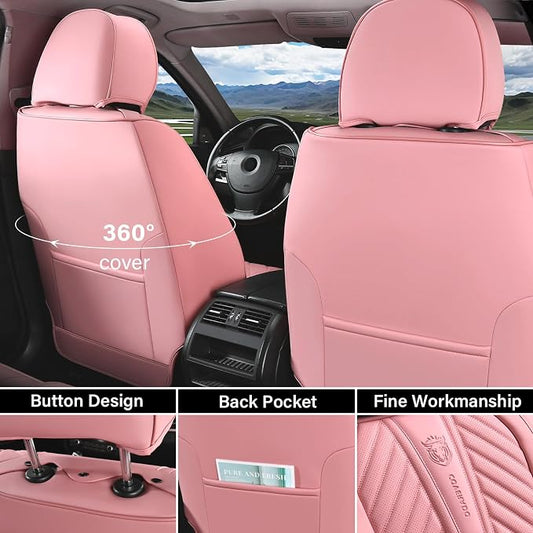 Coverado Seat Covers Front Seats, Car Seat Cover Protector with Lumbar Support, Waterproof Car Seat Cushion, Leather Seat Covers Carseat Cover Universal Fit for Most Cars,Pink