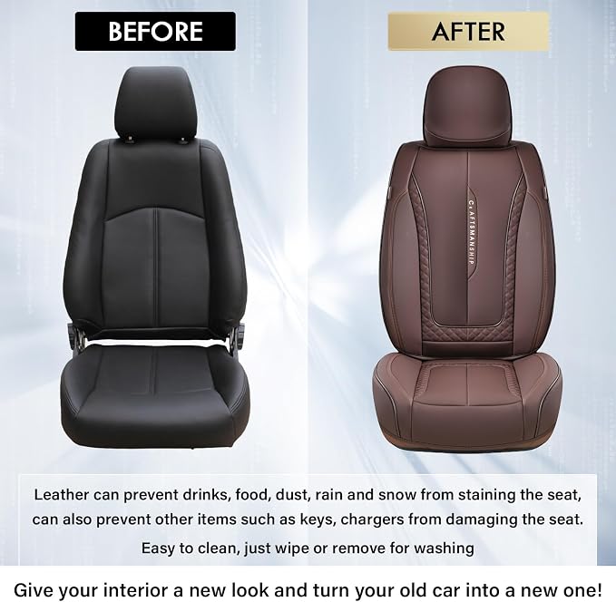 Coverado Car Seat Cover Full Set, Brown Seat Covers Front Seats Back Seat Covers, Nappa Leather Waterproof, Car Seat Cushion, Car Seat Protector Universal Fit Most Cars