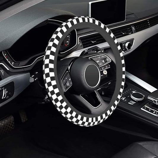 Checkerboard Steering Wheel Cover, Black and White Anti-Slip Universal Car Steering Wheel Cover, Checkerboard Race Soft Breathable Neoprene 15 Inch Car Accessories Case fit for Cars Auto SUVs