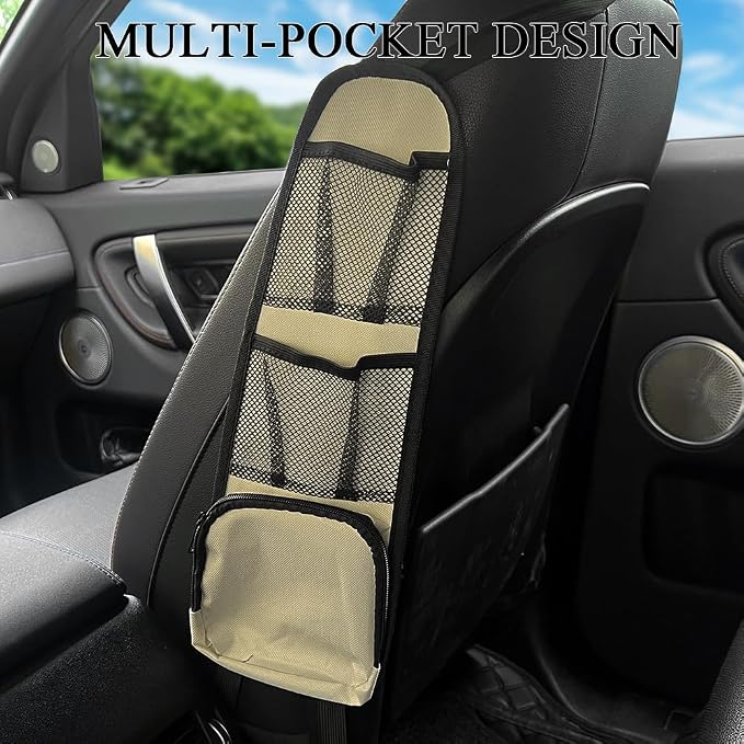 Car Seat Side Organizer, Seat Side Storage Pocket, Multifunctional Mesh Net Pocket, Car Multi-Pockets Backseat Organizer Side Hanging Bag for Storage Coins, Cell Phones, Glasses (Beige, 1PCS)
